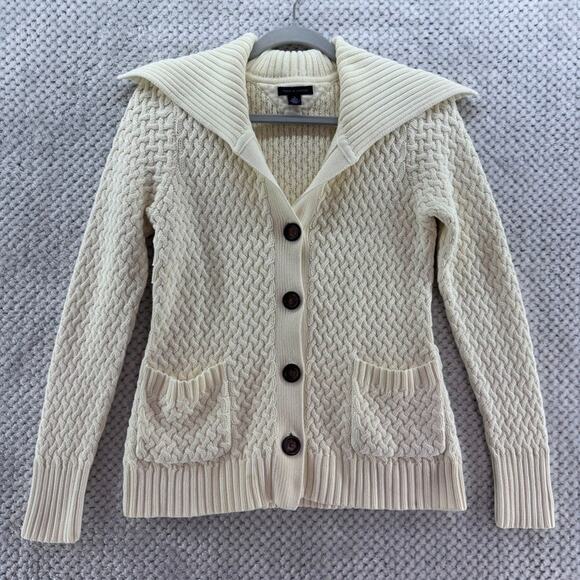 Tommy Hilfiger Sweater M Ivory Chunky Knit Button Front Cardigan Wide Collar - Picture 1 of 13